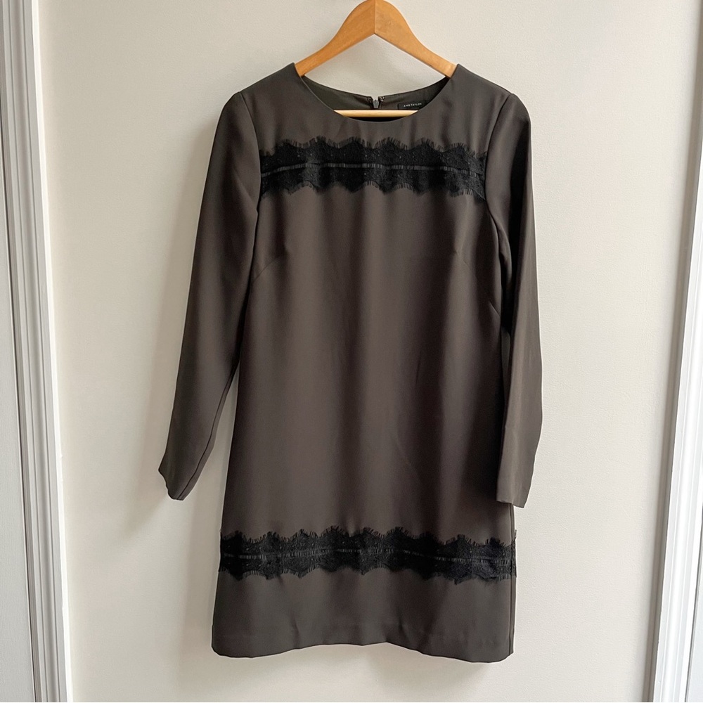 Ann Taylor Lace Trim Long Sleeve Mini Shift Dress Olive Green 4